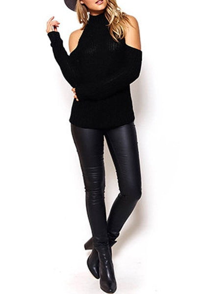 Black Cold Shoulder Turtleneck Sweater | Lookbook Store