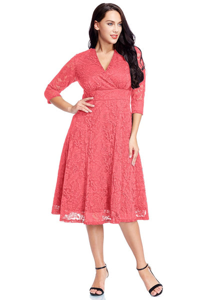 Plus Size Coral Lace Surplice Midi Dress | Lookbook Store