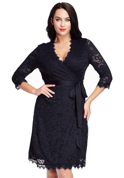 Plus Size Navy Lace Crop Sleeves Wrap Dress | Lookbook Store