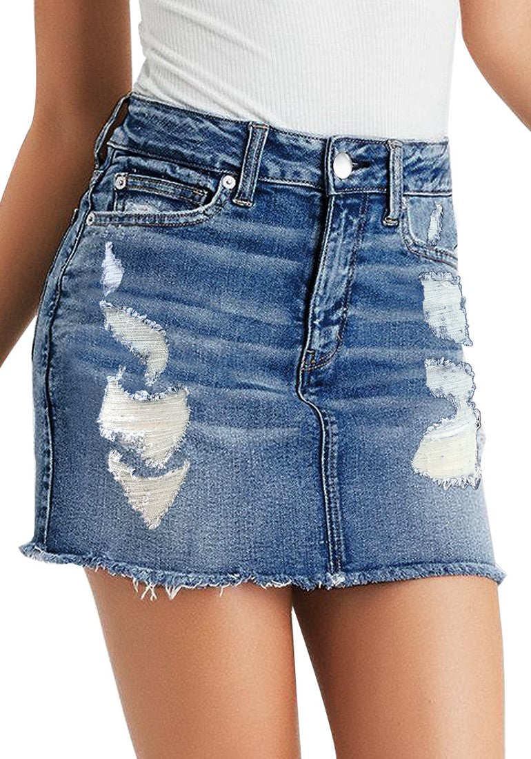 Blue Frayed Raw Hem Ripped Denim Mini Skirt | Lookbook Store
