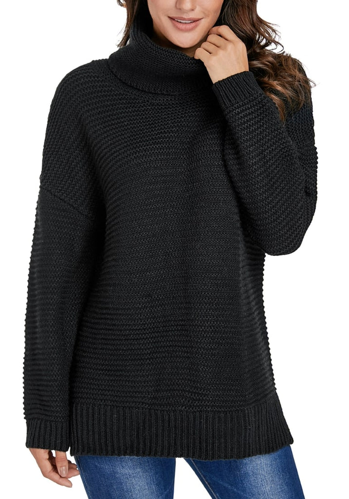 Black Side Slit Turtleneck Textured Knit Sweater | Lookbook Store