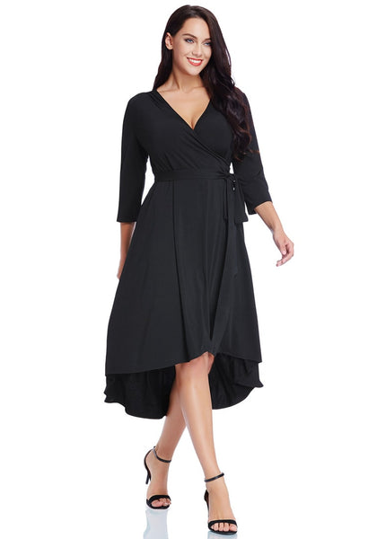 Plus Size Black High-Low Wrap Skater Dress | Lookbook Store