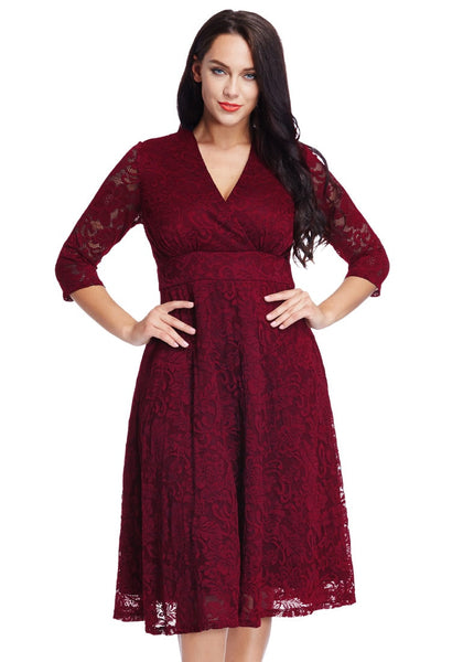 Plus Size Red Lace Surplice Midi Dress | Lookbook Store