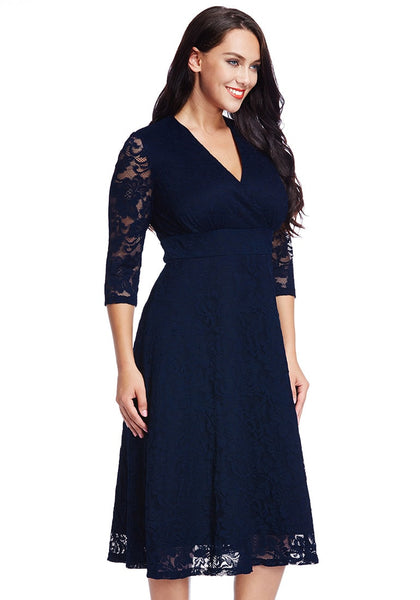Plus Size Navy Lace Surplice Midi Dress | Lookbook Store