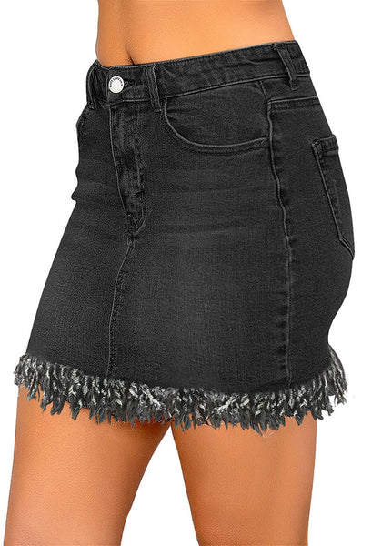 Black Frayed Hem Washed Denim Mini Skirt | Lookbook Store