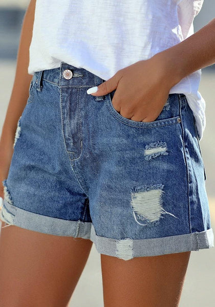 Blue Roll-Over Distressed Denim Shorts | Lookbook Store