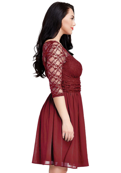 Plus Size Burgundy Lace Crop-Sleeves Skater Dress | Lookbook Store