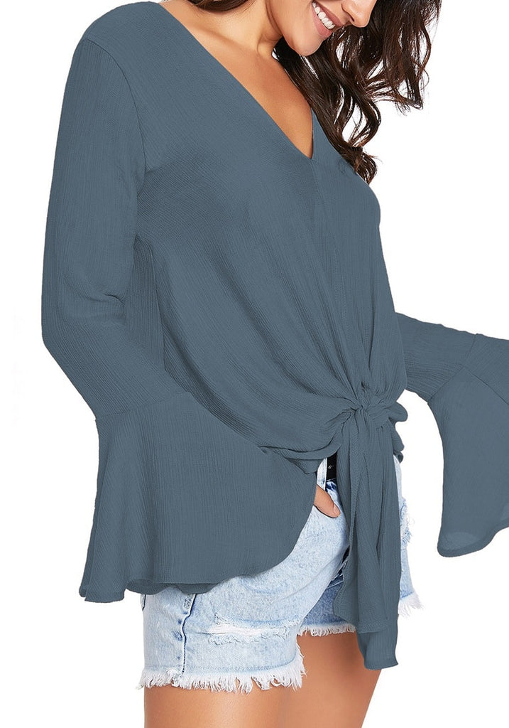 Stone Blue V-Neck Trumpet Sleeves Tie-Front Blouse | Lookbook Store