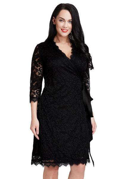 Plus Size Black Lace Crop Sleeves Wrap Dress | Lookbook Store