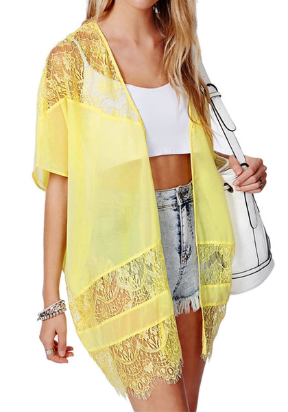Yellow Lace Panel Kimono - Top | Lookbook Store