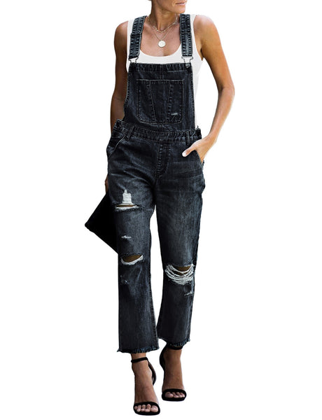 LookbookStore Women's Casual Ripped Denim Bib Overalls Stretch Jeans P ...