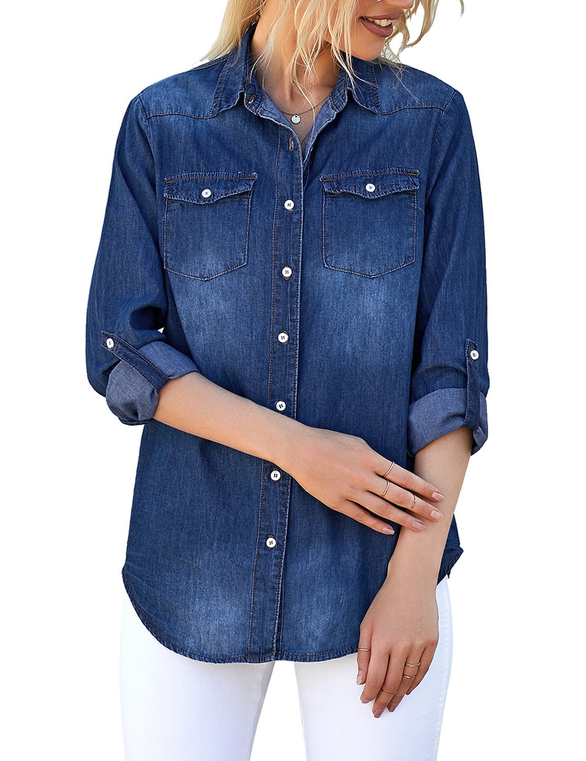 LookbookStore Women's Long Sleeve Collared Shirt Button Down Denim Blo ...