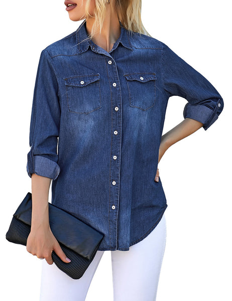 Lookbookstore Womens Long Sleeve Collared Shirt Button Down Denim Blo Lookbook Store 