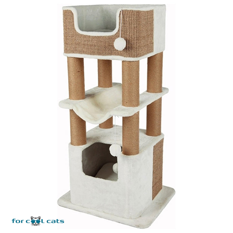 Alarmerend Muf Veilig Grote Krabpaal met hangmat en krabstammen Wit/Taupe 110cm – For Cool Cats