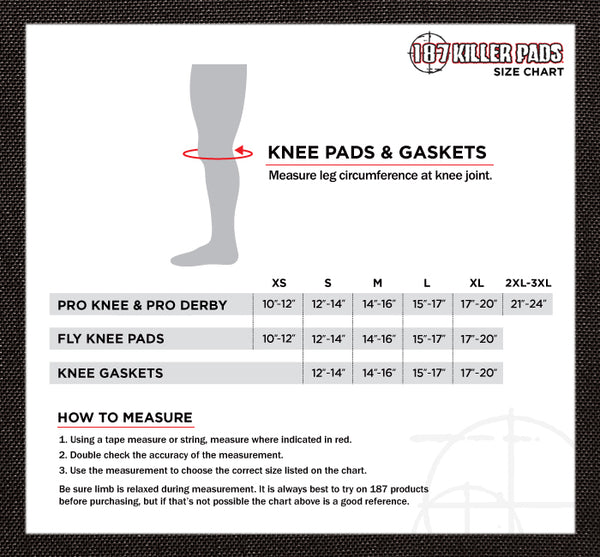 187 Pro Derby Knee Pads: sizing guide