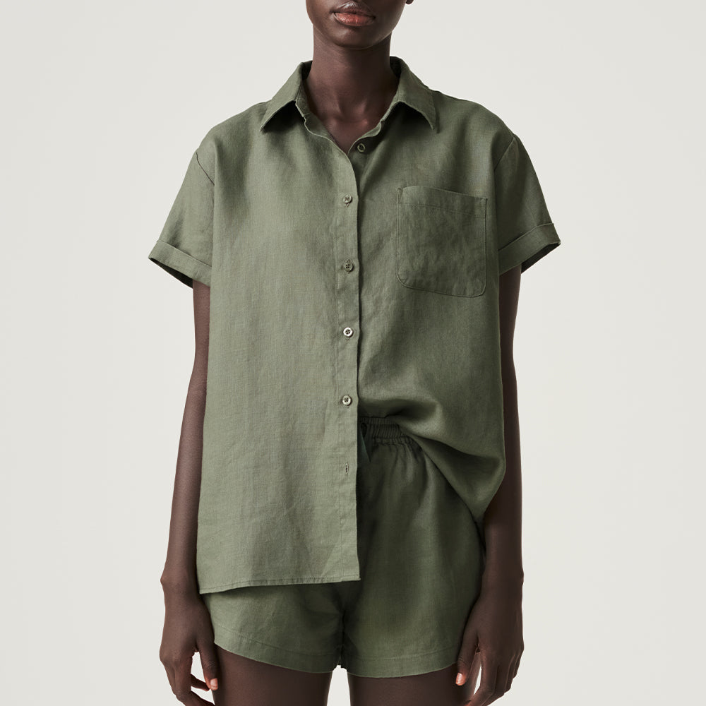 100% Linen Short Sleeve Shirt in Khaki