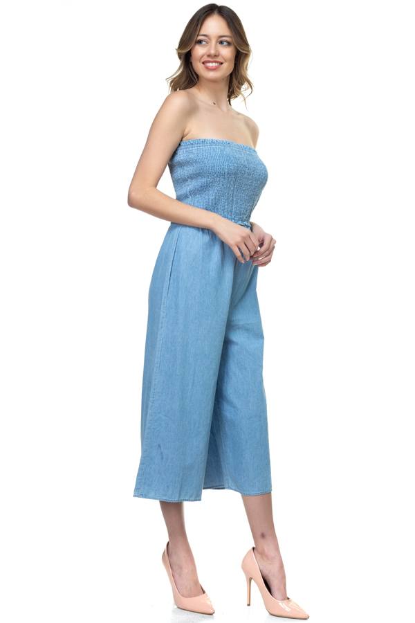 light blue strapless jumpsuit