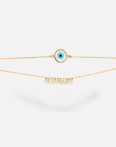 18kt Gold Round Evil Eye With Dangling diamonds Bracelet