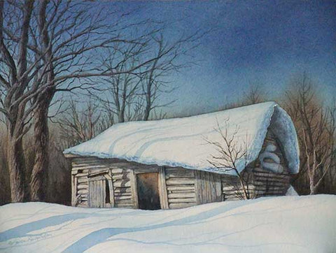 Cabin in the Snow, watercolour by Karen Richardson