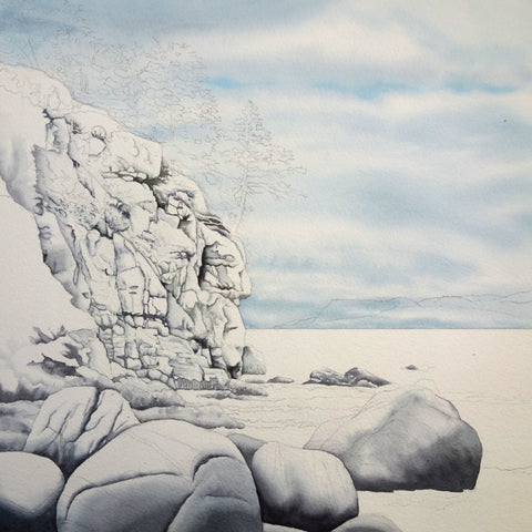 Guardians of the Bay, watercolour in progress by Karen Richardson