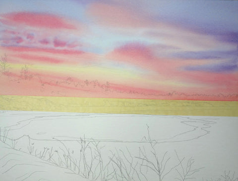 Crimson Twilight, watercolour in progress by Karen Richardson