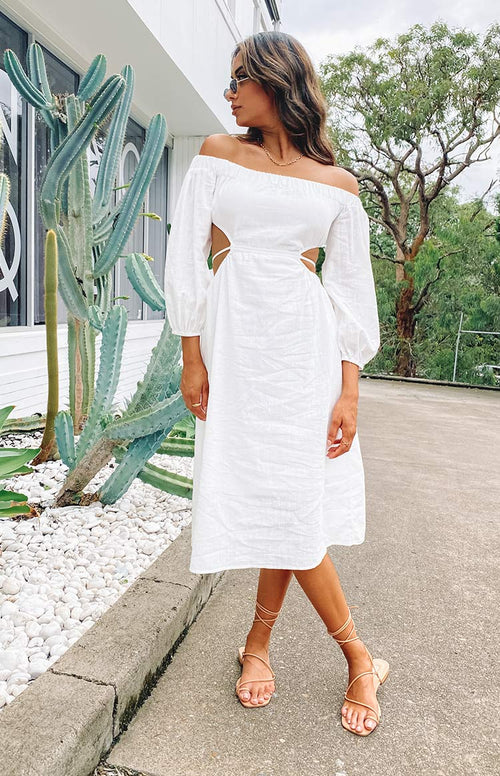 all white off the shoulder dress