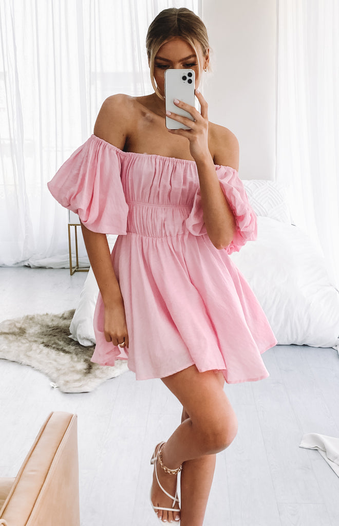 Paradise Puff Sleeve Dress Pink – Beginning Boutique