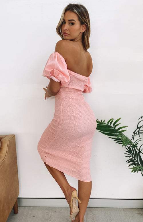 Showstopper Shirred Midi Dress Pink – Beginning Boutique