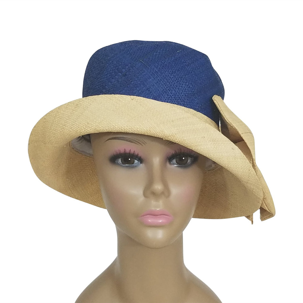 Apce: Woven Blue & Natural Madagascar Bell Shaped Raffia Hat with Bow ...