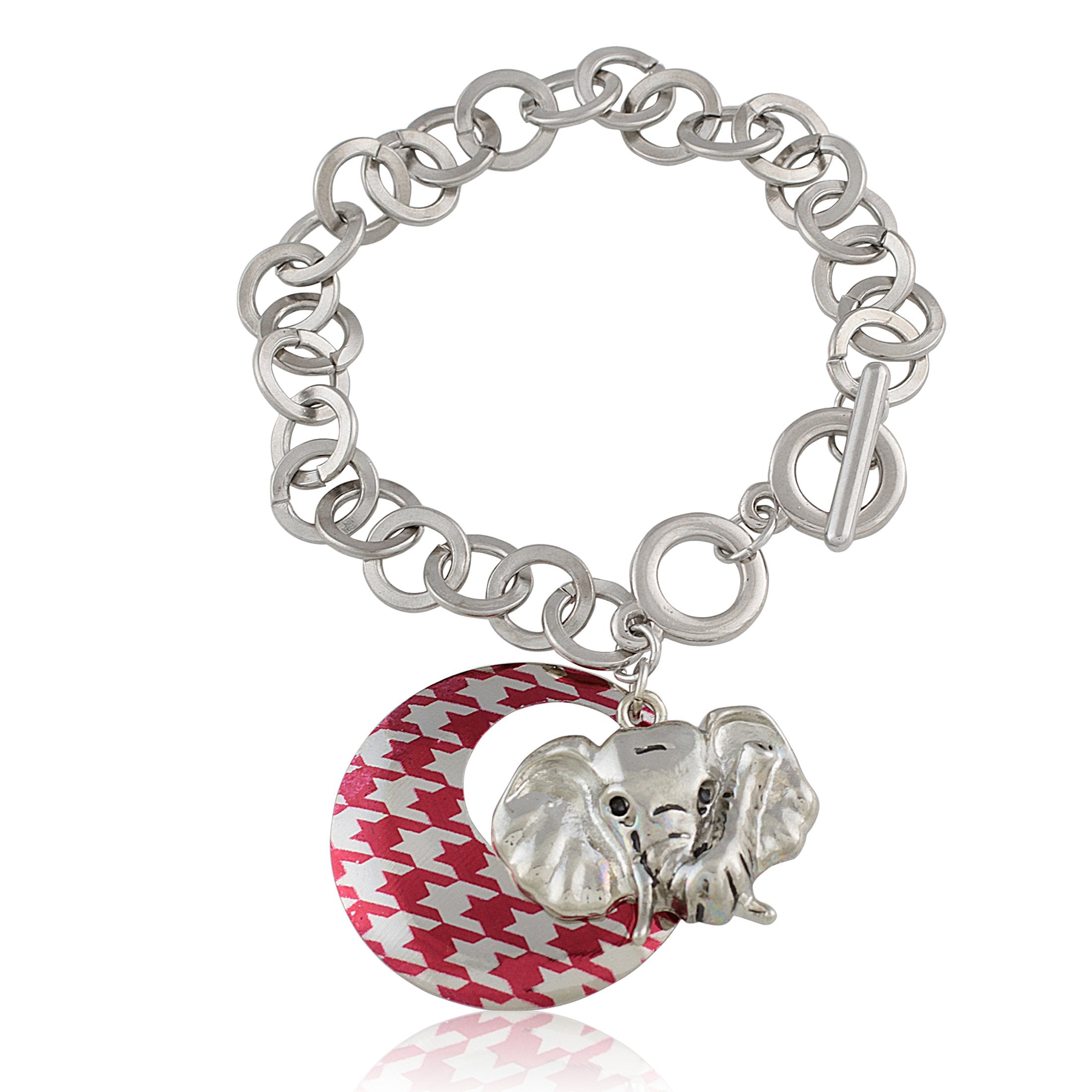 Crimson Houndstooth Elephant Link Charm Bracelet (Silver Toned) | The