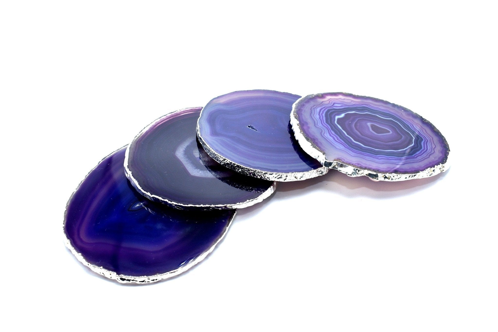 Premium Natural Agate Gemstone Coasters with Silver Trim (Set of 4)