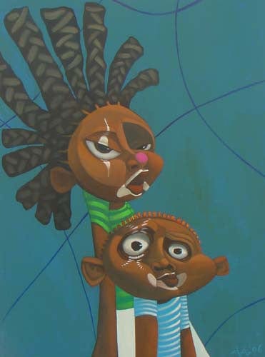 Two siblings joyfully playing together by Cabel Bayoc, surrounded by nature and vibrant scenery.
