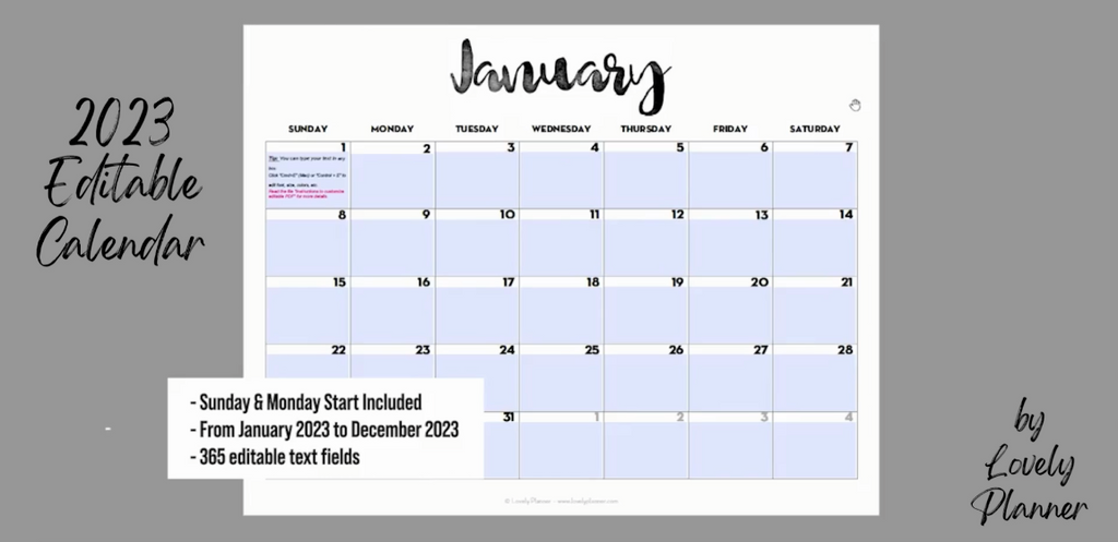 EDITABLE PDF - 2023 Monthly Calendar – Lovely Planner