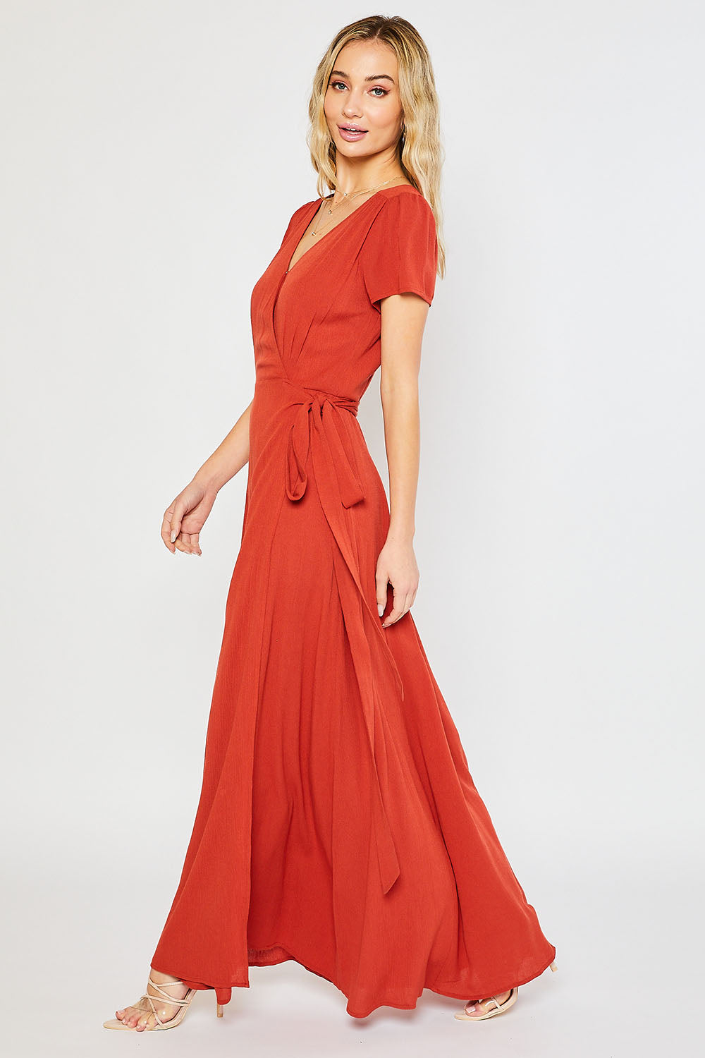 red flowy wrap dress