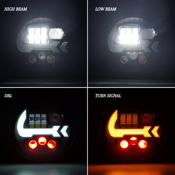 These Jeep JK LED headlights are equipped with red mood lights for 4 lighting modes
