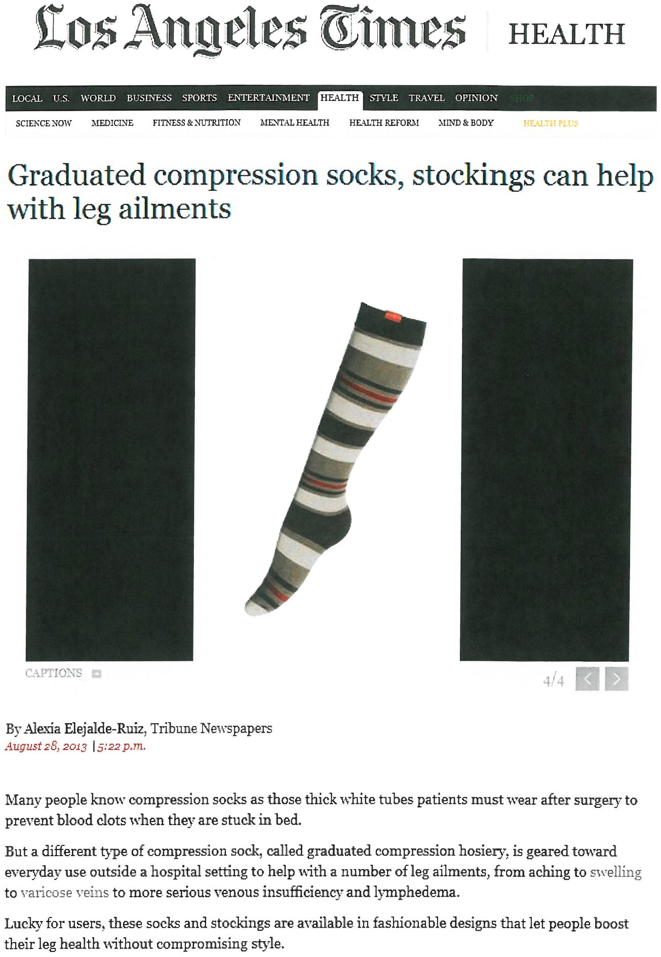 An article of Los Angeles Times which recommends VIM & VIGR Compression Socks as "Lucky for users, as these socks and stockings are available in fashionable designs that let people boost their leg health without compromising style."