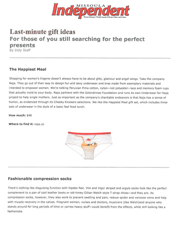 The Missoula Independent article that featured VIM & VIGR stylish compression socks in "Last-minute gift ideas: For those of you still searching for the perfect presents"