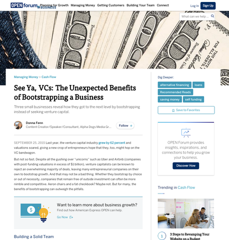 Screenshot 1 of an article from AmericanExpress.com that featured Michelle Huie as she shared her story on why she forgoed taking outside capital when she first started VIM & VIGR Compression Socks