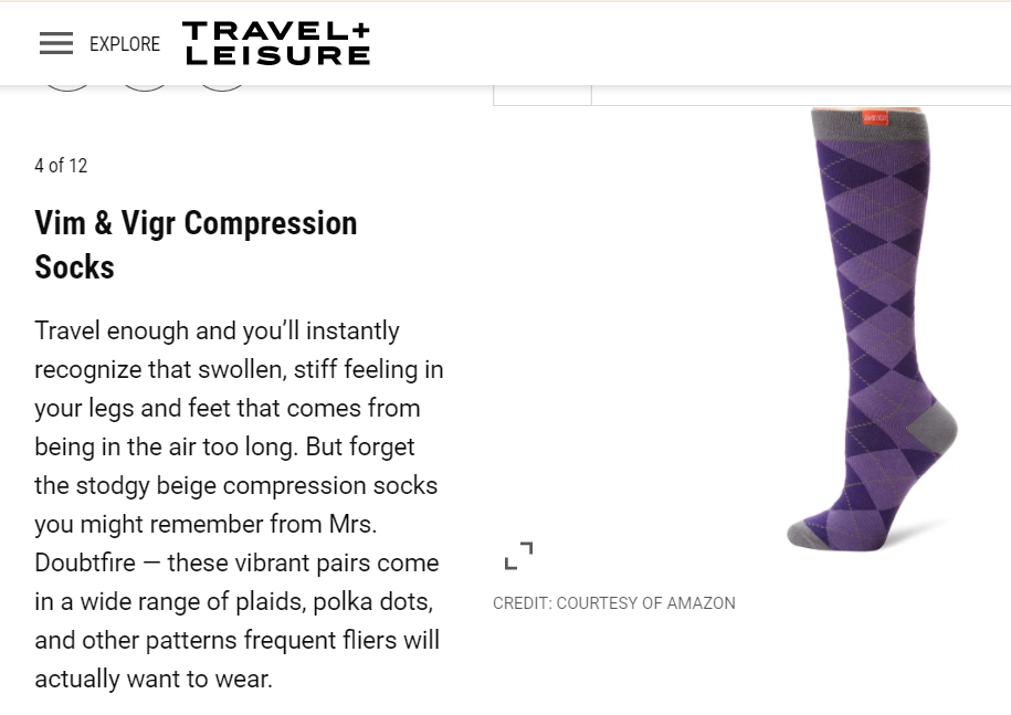 Travel + Leisure article recommends VIM & VIGR Compression Socks on best gifts for business travelers