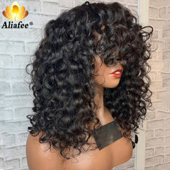 Loose Wave Curly Human Hair with Bangs 180 Density Malaysia Remy 26inches