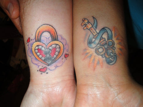 Couple tattoos colour heart & lock