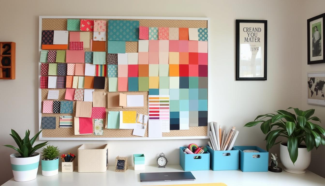 Personalized craft space with inspiration board and decorative elements