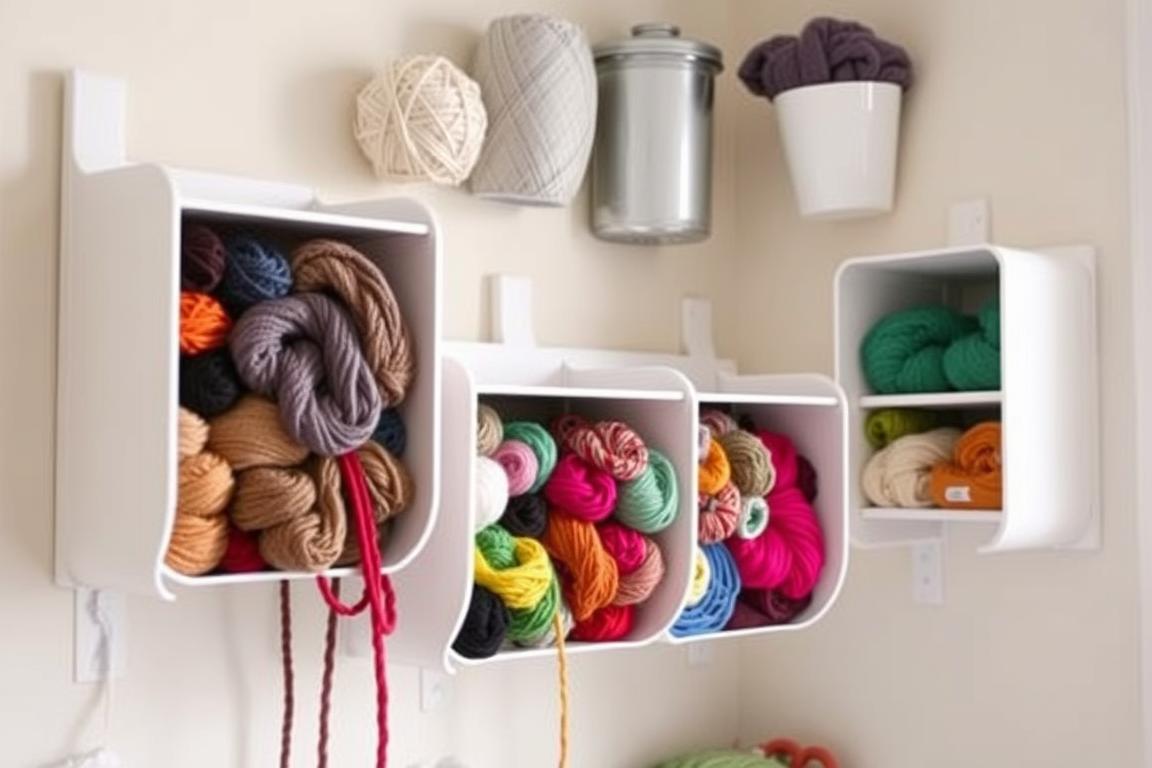 Repurposed rain gutter shelves mounted on wall holding colorful yarn