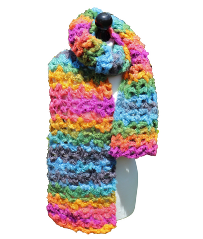 Bulky yarn cakes fluffy rainbow scarf 