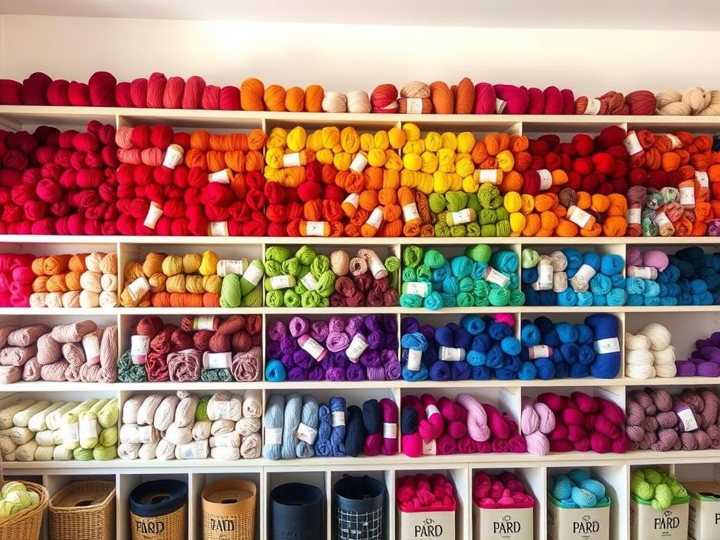 Beautiful rainbow-organized yarn wall display in a craft room