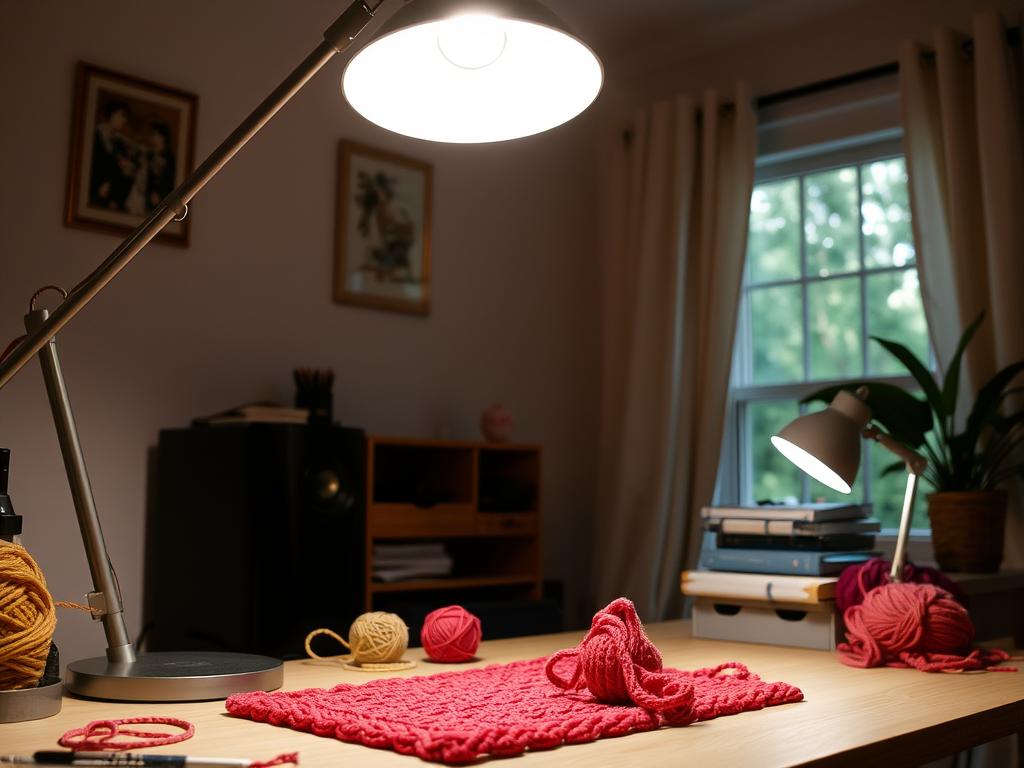 Various lighting options for a crochet workspace showing task and ambient lighting