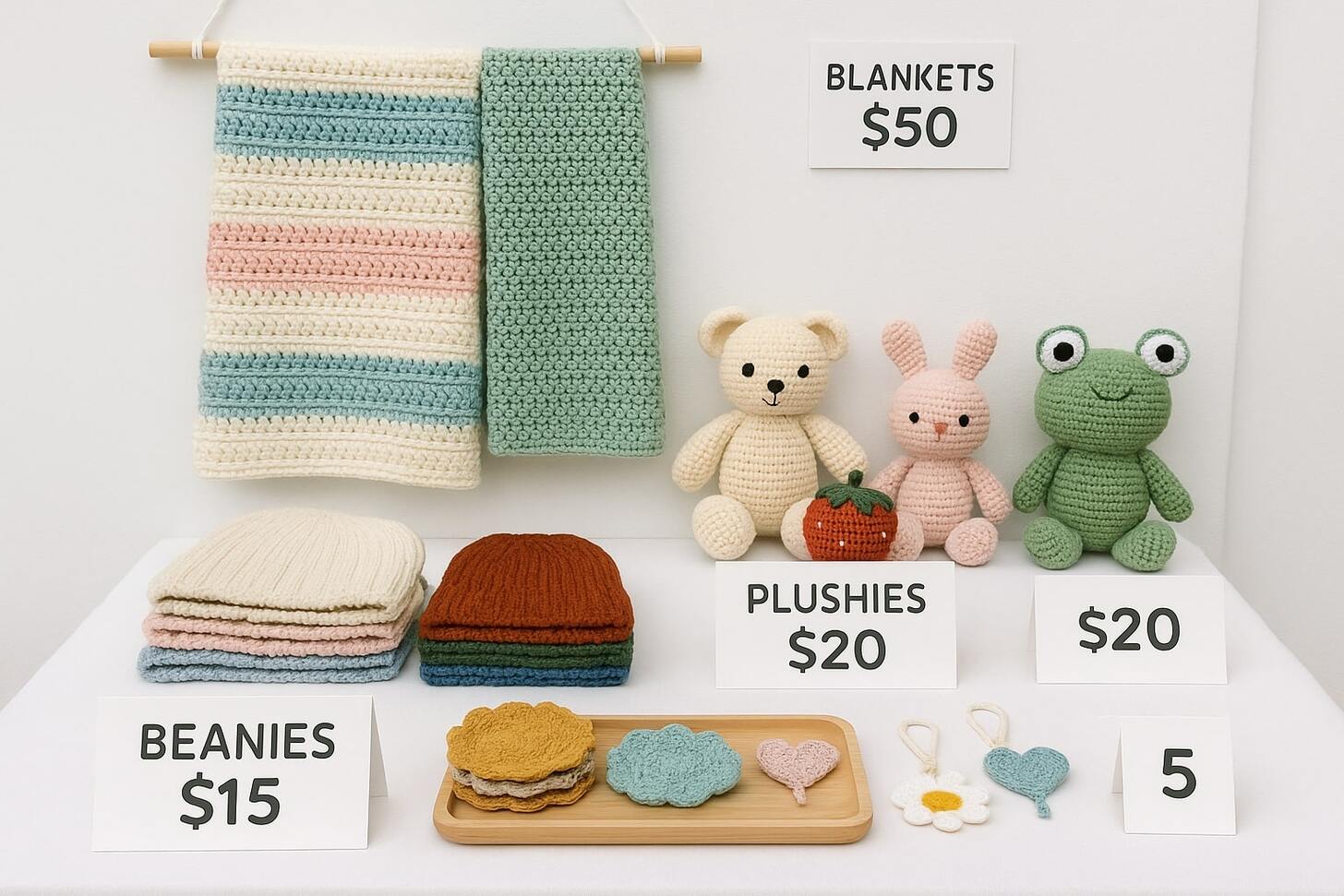 A craft fair booth with strategically priced crochet items on display