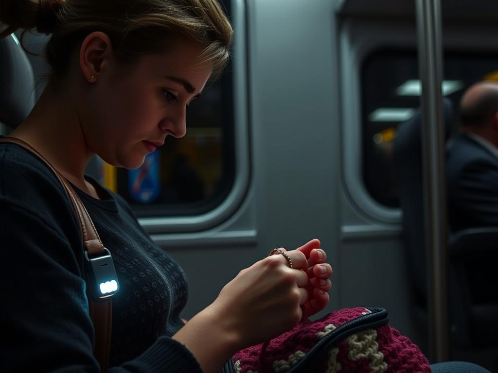 Crocheter using a clip-on light while crocheting on the go in dim lighting