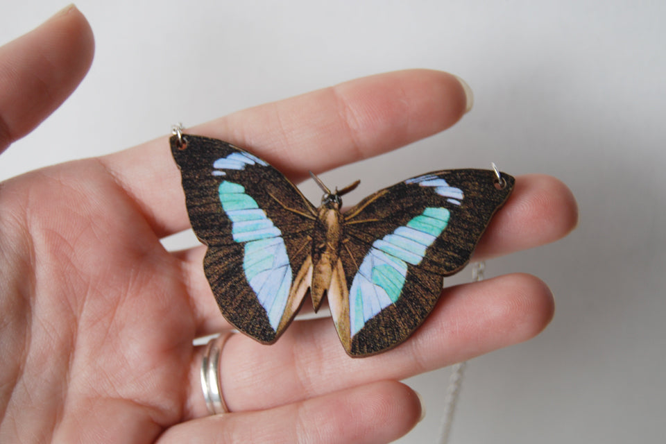 Banded King Butterfly Necklace | Wooden Butterfly Pendant | Insect Jew