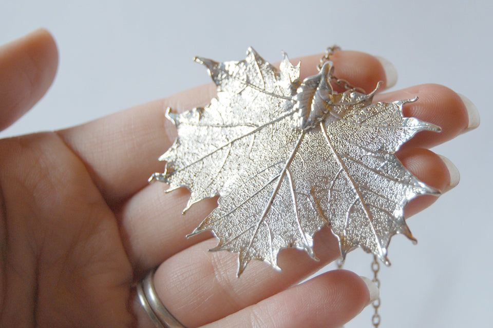 Large Fallen Silver Maple Leaf Necklace Real Maple Leaf Electroforme Enchanted Leaves